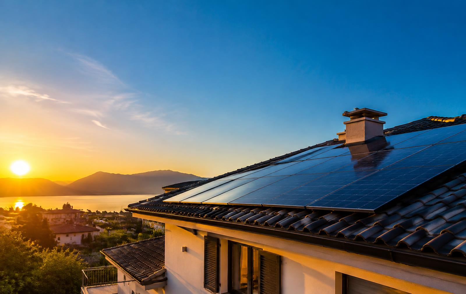 Impianto fotovoltaico su tetto residenziale al tramonto